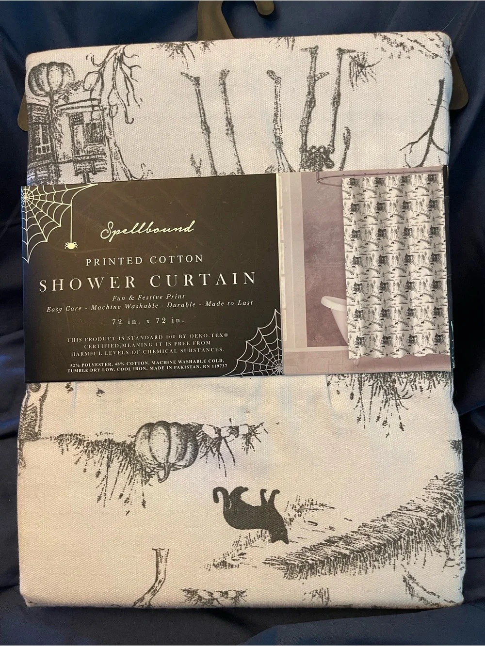 Spellbound Black & White Skeleton/Halloween Cotton Shower Curtain